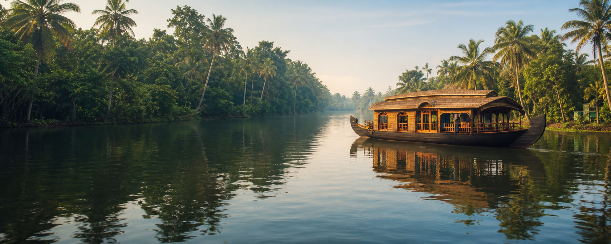 Traditional houseboat on Kerala backwaters surrounded by coconut palms